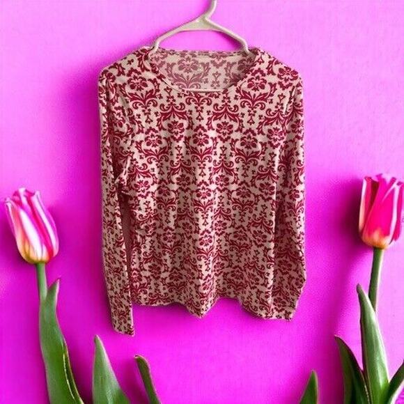 Lands' End Stretch Long Sleeve Top Size 10-12 M Pink White Paisley Nylon/Spandex - Picture 1 of 4